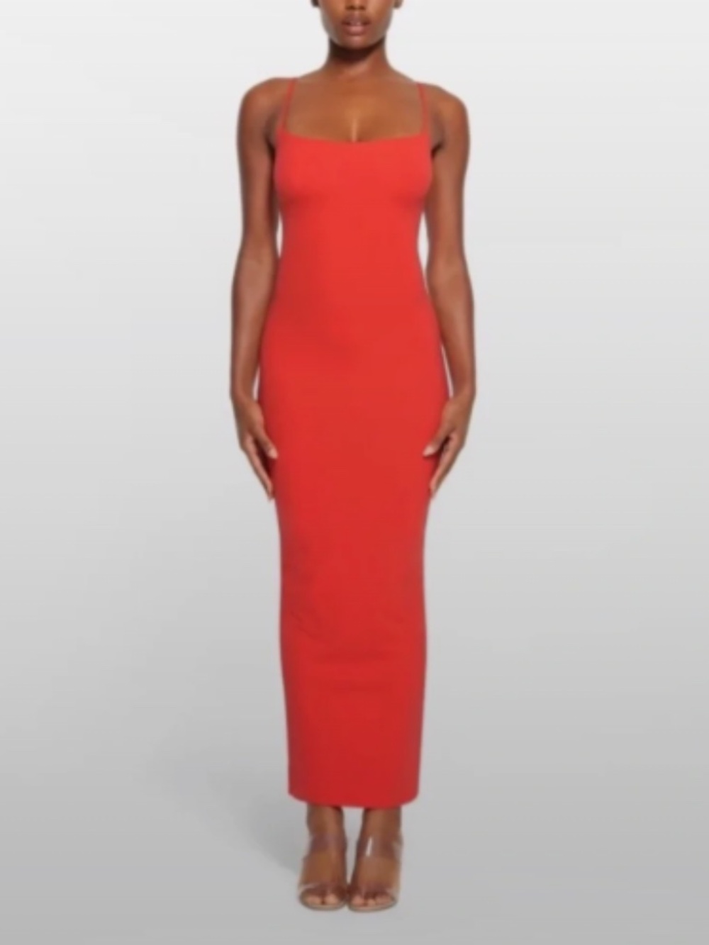 SKIMS Cherry Red Ribbed Soft Lounge Long Slip Maxi Dress Size Petite Medium